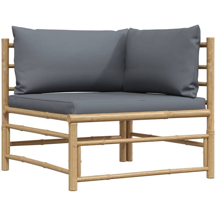 Loungegrupp för trädgården med mörkgråa dynor 2 delar bambu vidaXL – bild 6