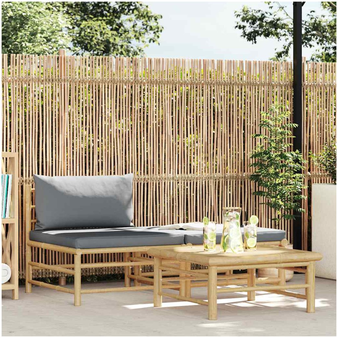Loungegrupp för trädgården med mörkgråa dynor 3 delar bambu vidaXL