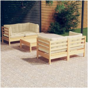 Loungegrupp med gräddvita dynor 5 delar massiv furu vidaXL
