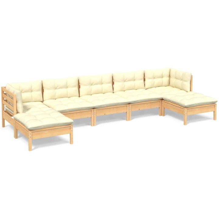 Loungegrupp med gräddvita dynor 7 delar massiv furu vidaXL – bild 2