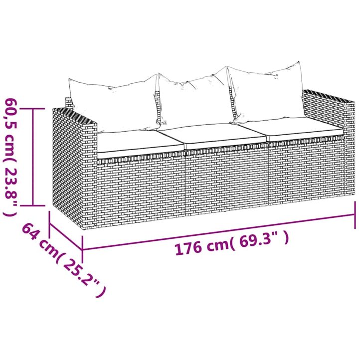 Loungesoffa 3-sits med dynor grå konstrotting vidaXL – bild 8