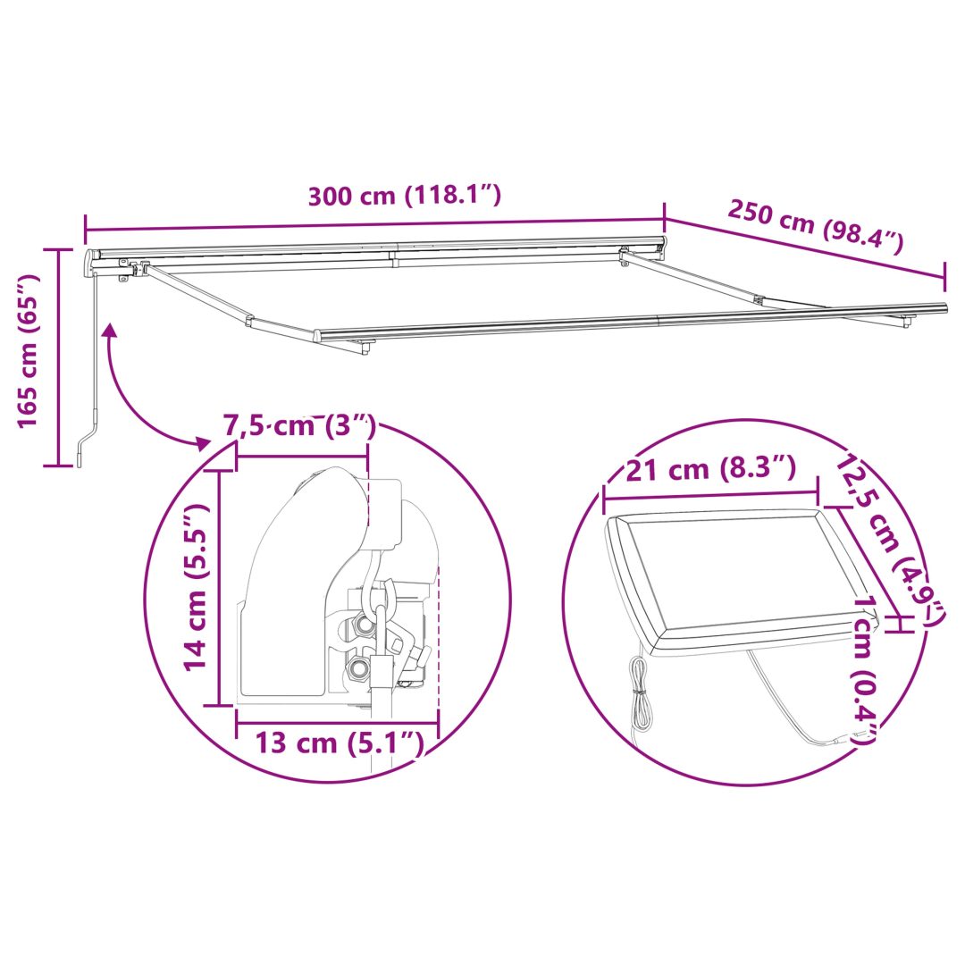 Manuell utdragbar markis med LED Röd och vit vidaXL 300 x 250 cm – bild 12