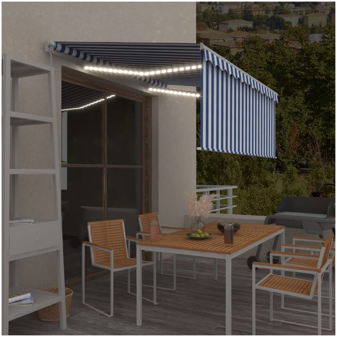 Markis manuell infällbar med rullgardin&LED blå och vit vidaXL 3 x 2.5 m