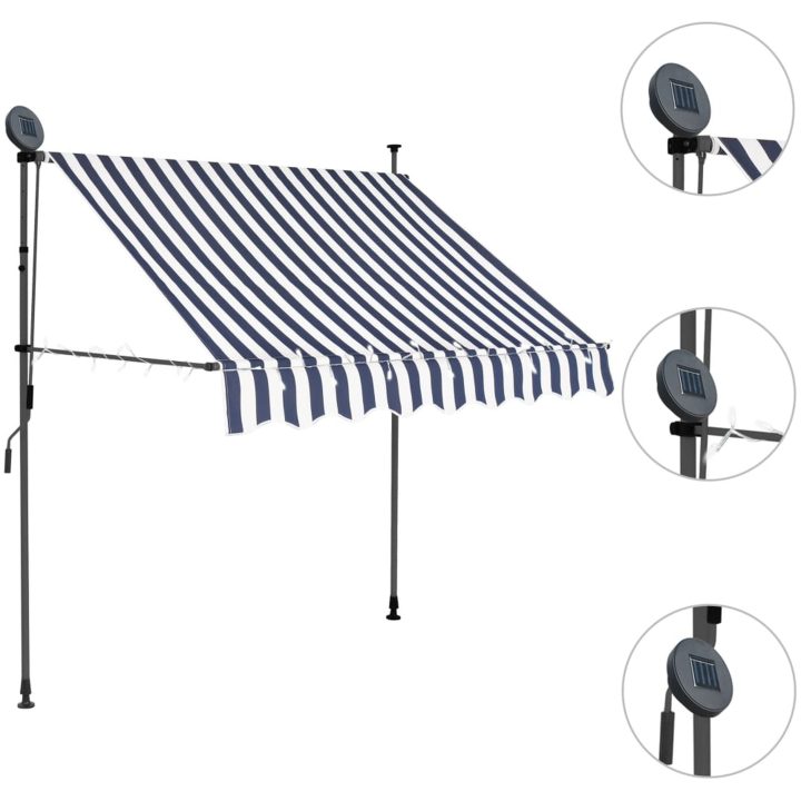 Markis manuellt infällbar med LED 150 cm blå och vit vidaXL – bild 3