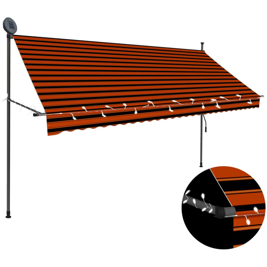 Markis manuellt infällbar med LED 300 cm orange och brun vidaXL