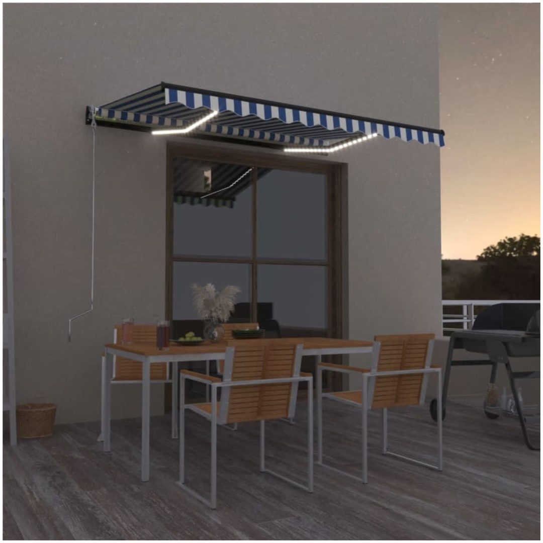 Markis manuellt infällbar med LED blå och vit vidaXL 350 x 250 cm