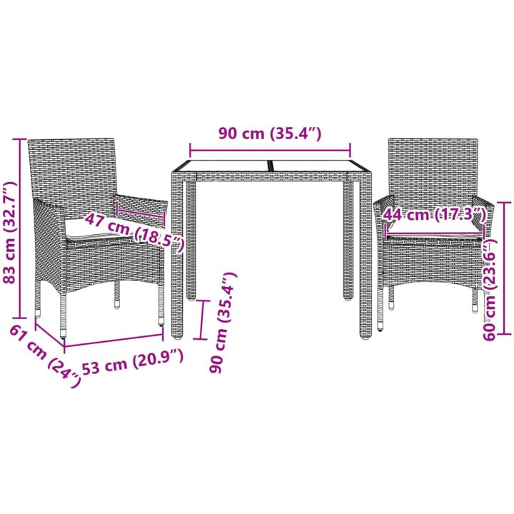 Matgrupp för trädgård med dynor 3 delar brun konstrotting&glas vidaXL 90 x 90 x 75 cm – bild 7