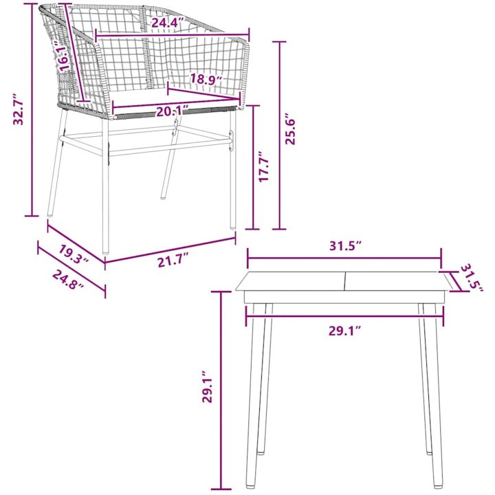 Matgrupp för trädgård med dynor 3 delar brun polyrotting glas vidaXL 80 x 80 x 74 cm – bild 10