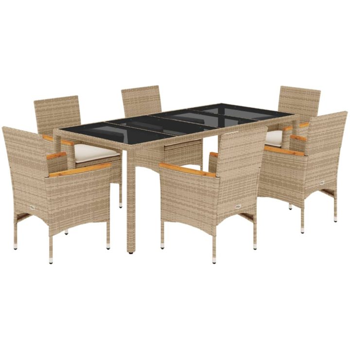 Matgrupp för trädgård med dynor 7 delar beige konstrotting&glas vidaXL 190 x 90 x 75 cm – bild 2