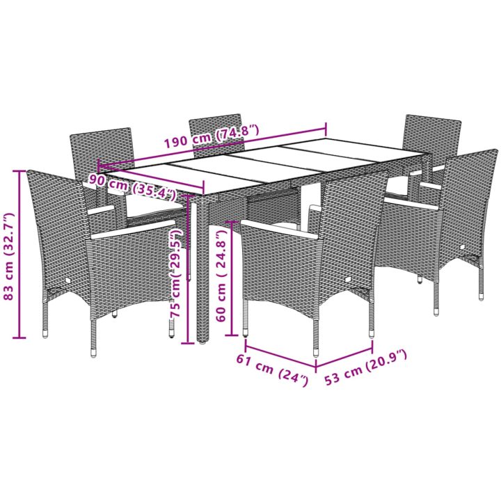 Matgrupp för trädgård med dynor 7 delar beige konstrotting&glas vidaXL 190 x 90 x 75 cm – bild 7