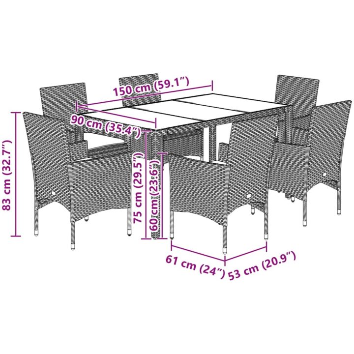 Matgrupp för trädgård med dynor 7 delar svart konstrotting&glas vidaXL 150 x 90 x 75 cm – bild 7
