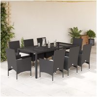 Matgrupp för trädgård med dynor 9 delar svart konstrotting&glas vidaXL