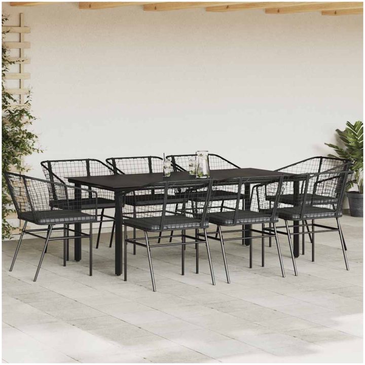 Matgrupp för trädgård med dynor 9 delar svart polyrotting glas vidaXL 200 x 100 x 74 cm – bild 3