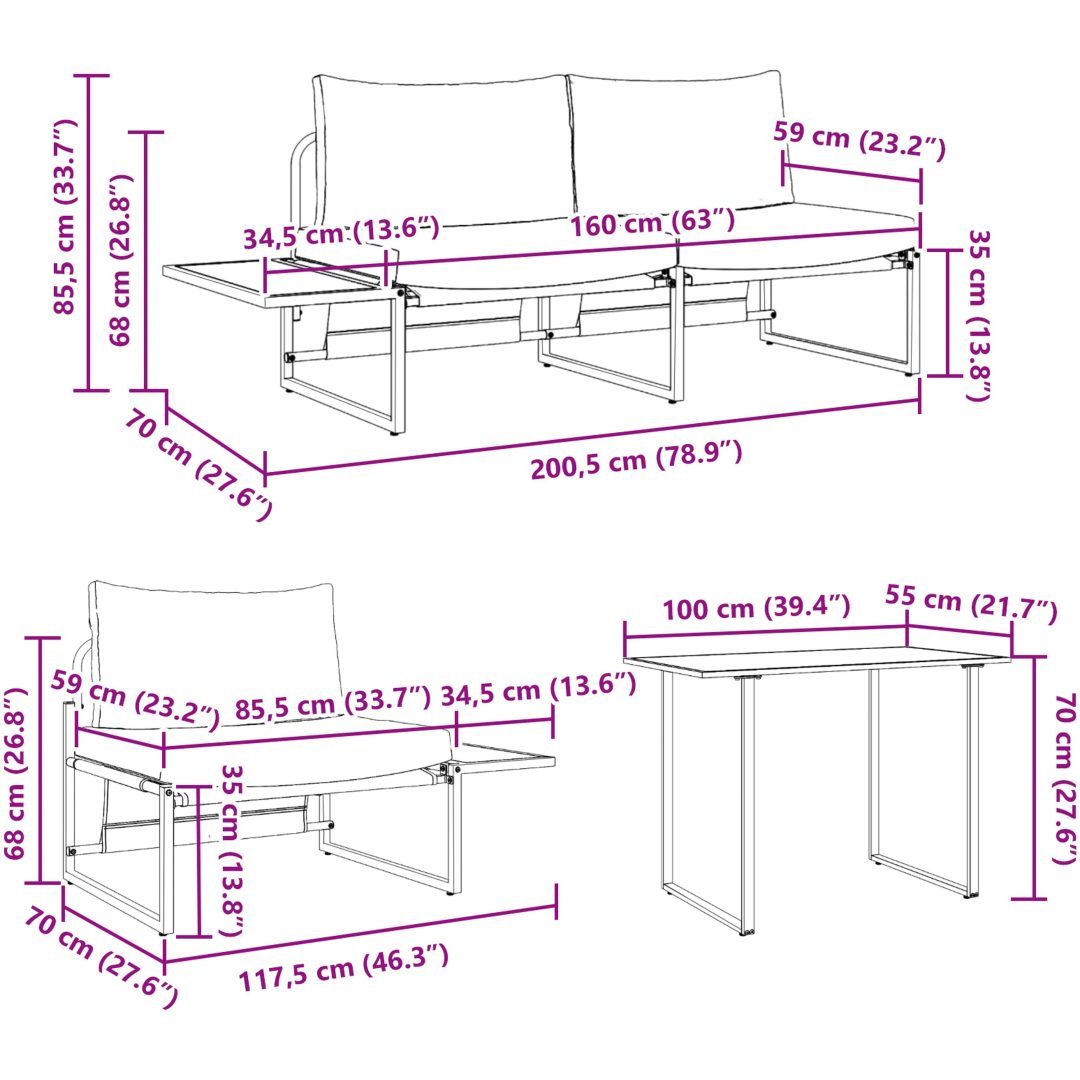 Matgrupp för trädgården 3 delar med antracit dynor vidaXL Armstol utan armar: 117.5x70x68 cm, matbord: 100x55 – bild 12