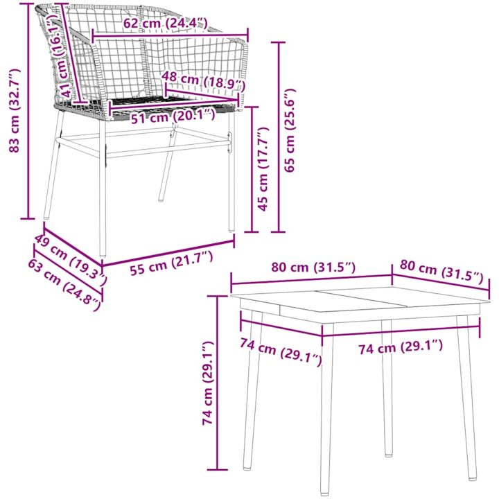 Matgrupp för trädgården 5 delar svart polyrotting glas vidaXL 80 x 80 x 74 cm – bild 10