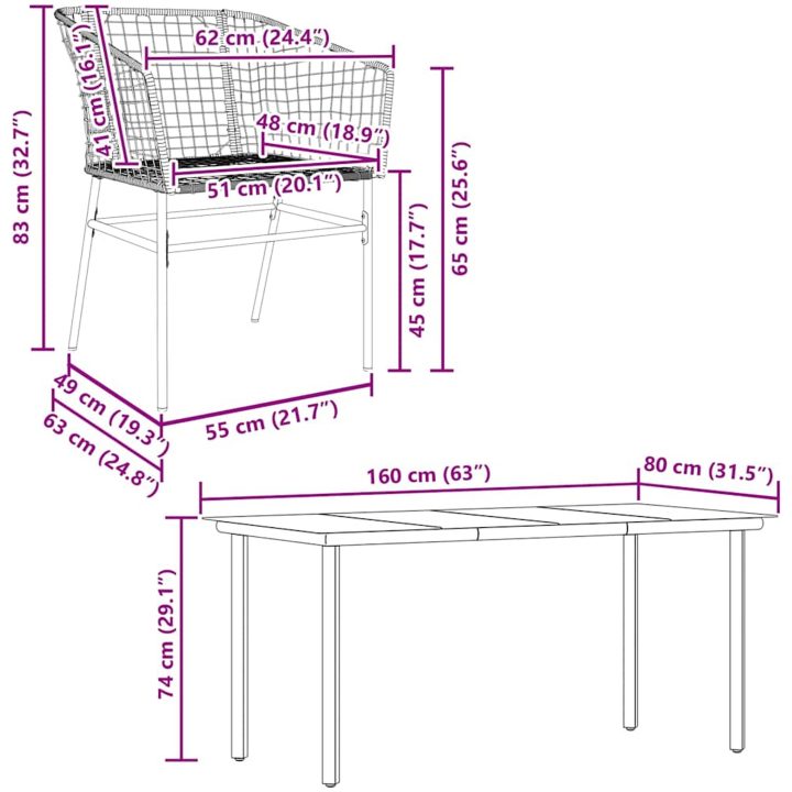 Matgrupp för trädgården 7 delar brun polyrotting glas vidaXL 160 x 80 x 74 cm – bild 8