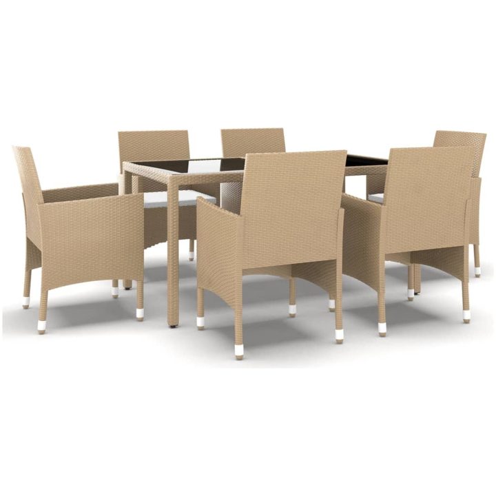 Matgrupp för trädgården 7 delar konstrotting härdat glas beige vidaXL – bild 2
