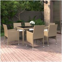 Matgrupp för trädgården 7 delar konstrotting härdat glas beige vidaXL