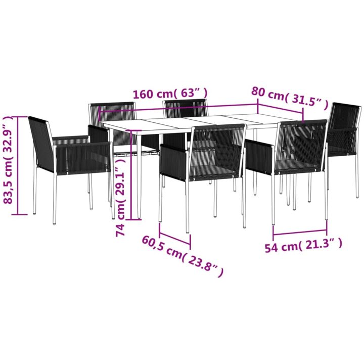 Matgrupp för trädgården 7 delar svart konstrottning & stål vidaXL 160 cm bordslängd – bild 10
