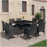 Matgrupp för trädgården 9 delar konstrotting och glas svart vidaXL