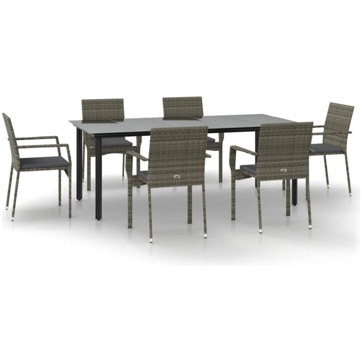 Matgrupp för trädgården dynor 7 delar svart&grå konstrottning vidaXL 200 cm table length – bild 2
