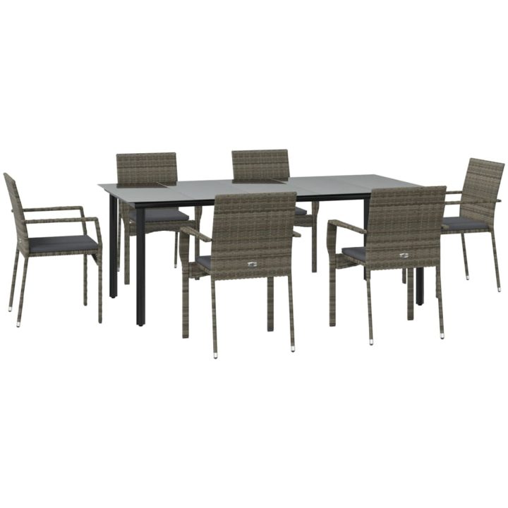 Matgrupp för trädgården dynor 7 delar svart&grå konstrottning vidaXL 200 cm table length – bild 3