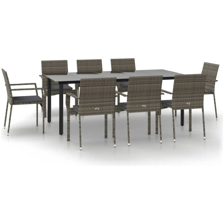 Matgrupp för trädgården dynor 9 delar svart&grå konstrottning vidaXL 200 cm table length – bild 2