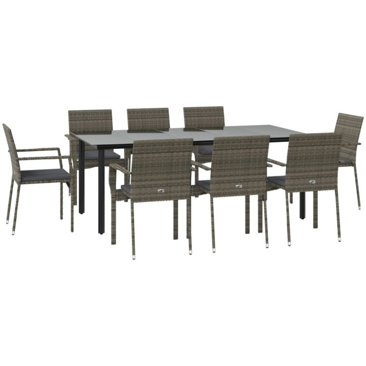 Matgrupp för trädgården dynor 9 delar svart&grå konstrottning vidaXL 200 cm table length – bild 3