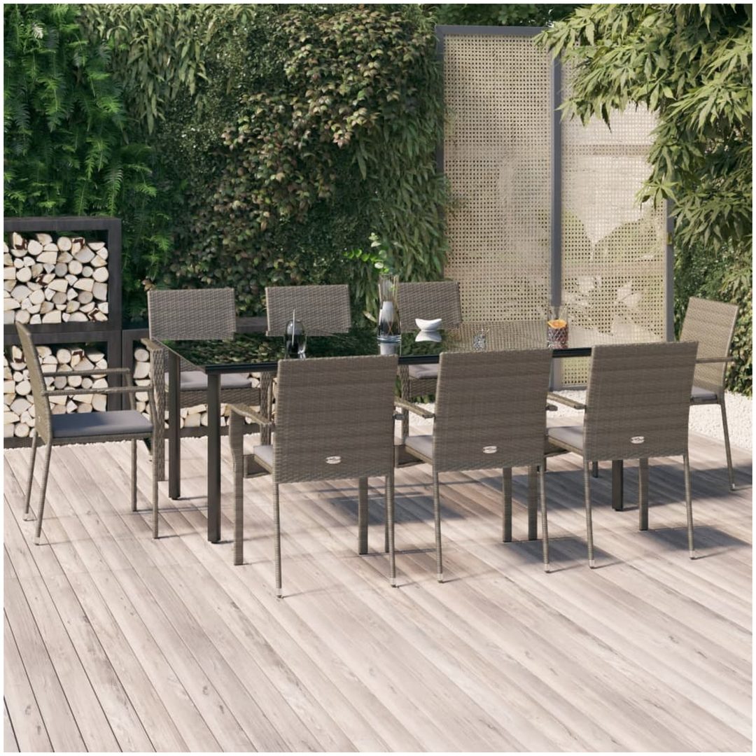 Matgrupp för trädgården dynor 9 delar svart&grå konstrottning vidaXL 200 cm table length