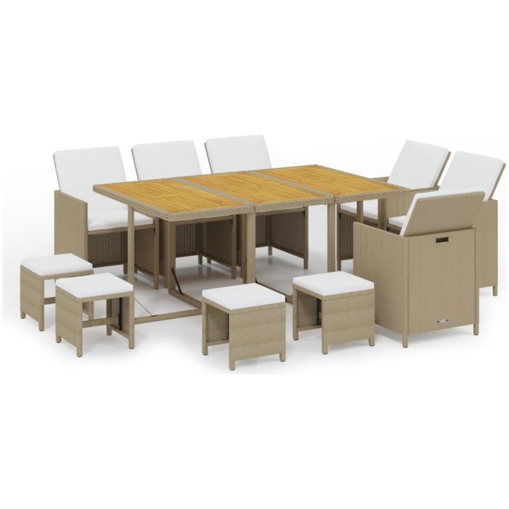 Matgrupp för trädgården med dynor 11 delar konstrotting beige vidaXL 163 cm bordslängd – bild 2