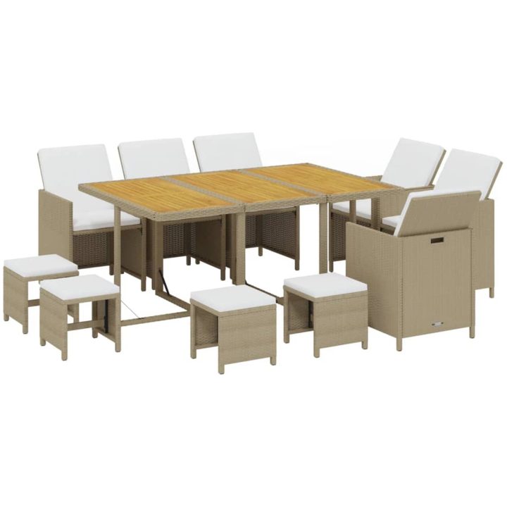 Matgrupp för trädgården med dynor 11 delar konstrotting beige vidaXL 163 cm bordslängd – bild 3
