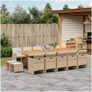 Matgrupp för trädgården med dynor 15 delar beige konstrotting vidaXL