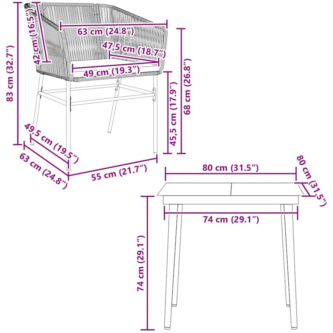 Matgrupp för trädgården med dynor 3 delar grå polyrotting glas vidaXL 80 x 80 x 74 cm – bild 10