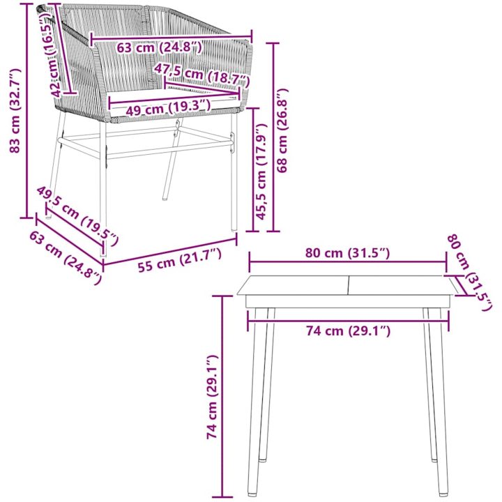 Matgrupp för trädgården med dynor 3 delar grå polyrotting glas vidaXL 80 x 80 x 74 cm – bild 10