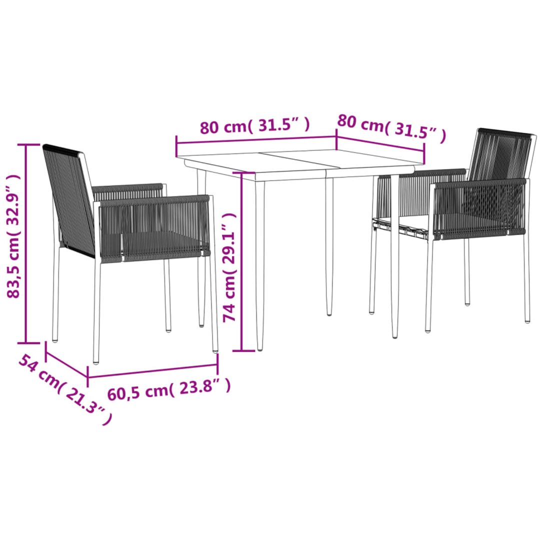 Matgrupp för trädgården med dynor 3 delar svart konstr. & stål vidaXL 80 cm table length – bild 10