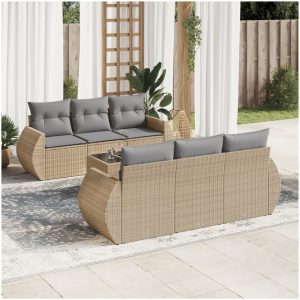 Matgrupp för trädgården med dynor 7 delar beige konstrotting vidaXL
