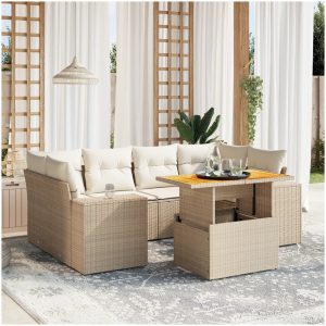 Matgrupp för trädgården med dynor 7 delar beige konstrotting vidaXL