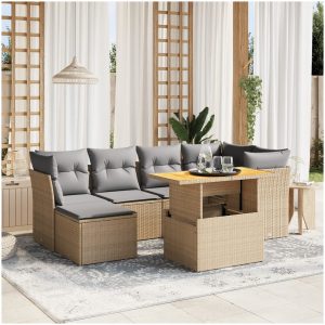 Matgrupp för trädgården med dynor 7 delar beige konstrotting vidaXL