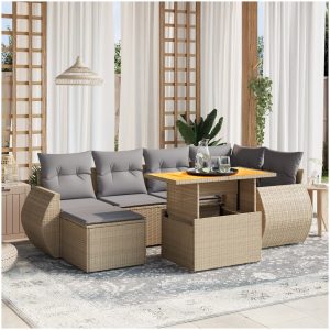 Matgrupp för trädgården med dynor 7 delar beige konstrotting vidaXL