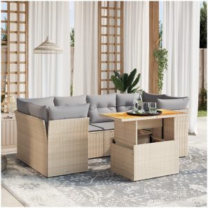 Matgrupp för trädgården med dynor 7 delar beige konstrotting vidaXL