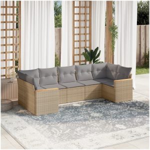 Matgrupp för trädgården med dynor 7 delar beige konstrotting vidaXL