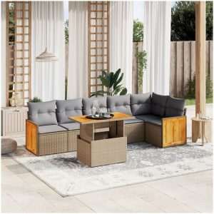 Matgrupp för trädgården med dynor 7 delar beige konstrotting vidaXL