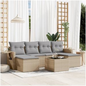 Matgrupp för trädgården med dynor 7 delar beige konstrotting vidaXL