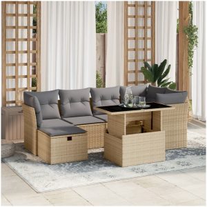 Matgrupp för trädgården med dynor 7 delar beige konstrotting vidaXL