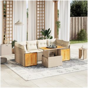 Matgrupp för trädgården med dynor 7 delar beige konstrotting vidaXL