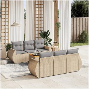 Matgrupp för trädgården med dynor 7 delar beige konstrotting vidaXL
