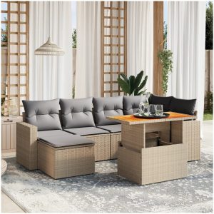 Matgrupp för trädgården med dynor 7 delar beige konstrotting vidaXL