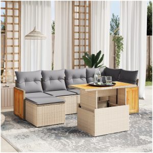 Matgrupp för trädgården med dynor 7 delar beige konstrotting vidaXL