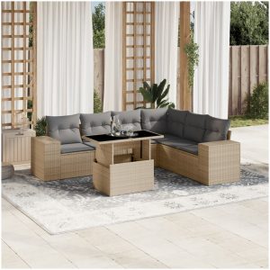 Matgrupp för trädgården med dynor 7 delar beige konstrotting vidaXL