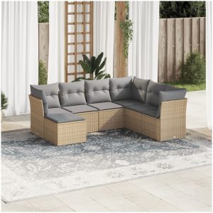 Matgrupp för trädgården med dynor 7 delar beige konstrotting vidaXL